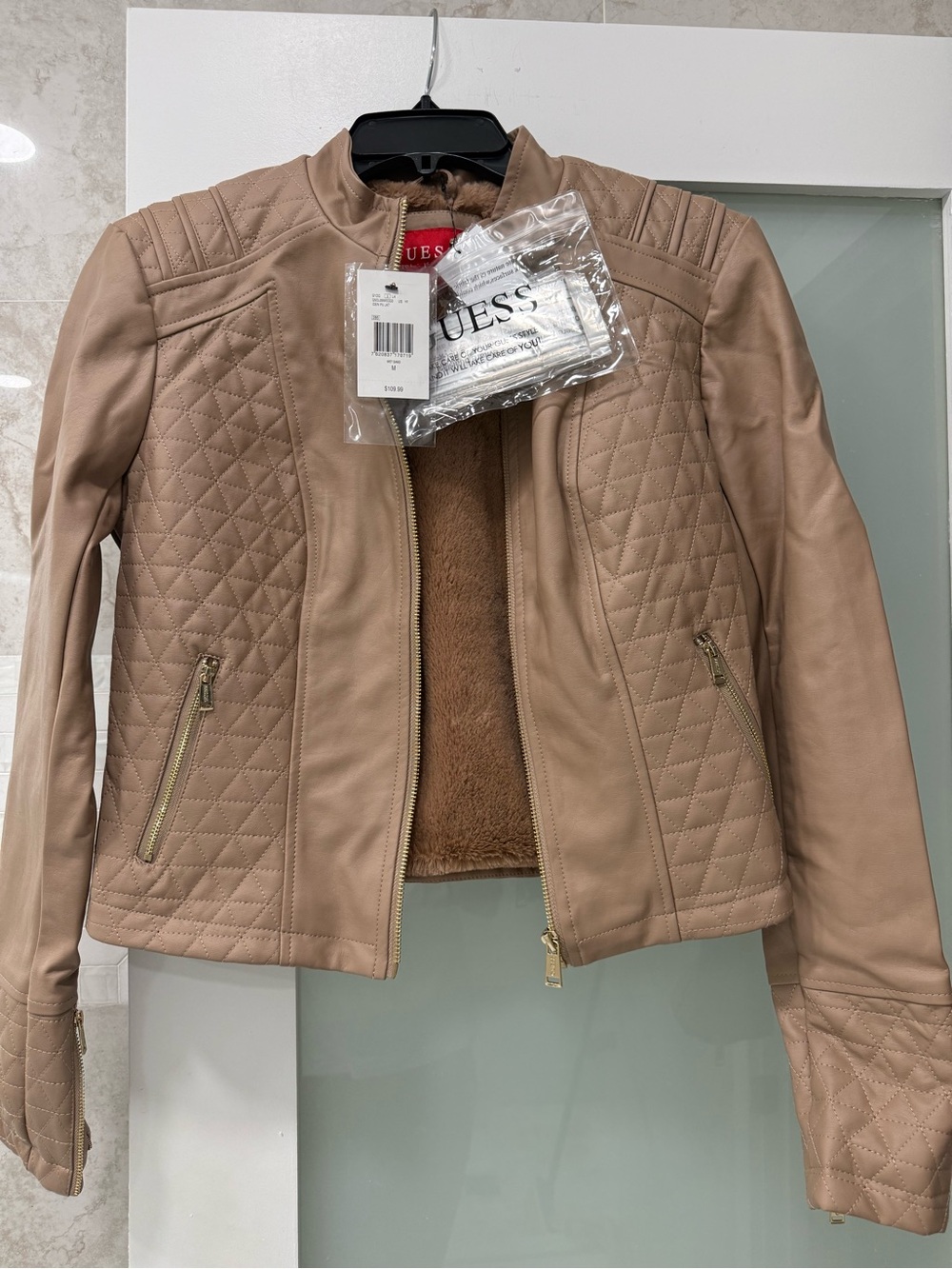 GUESS Quilted Faux-Leather Jacket in Taupe Pink